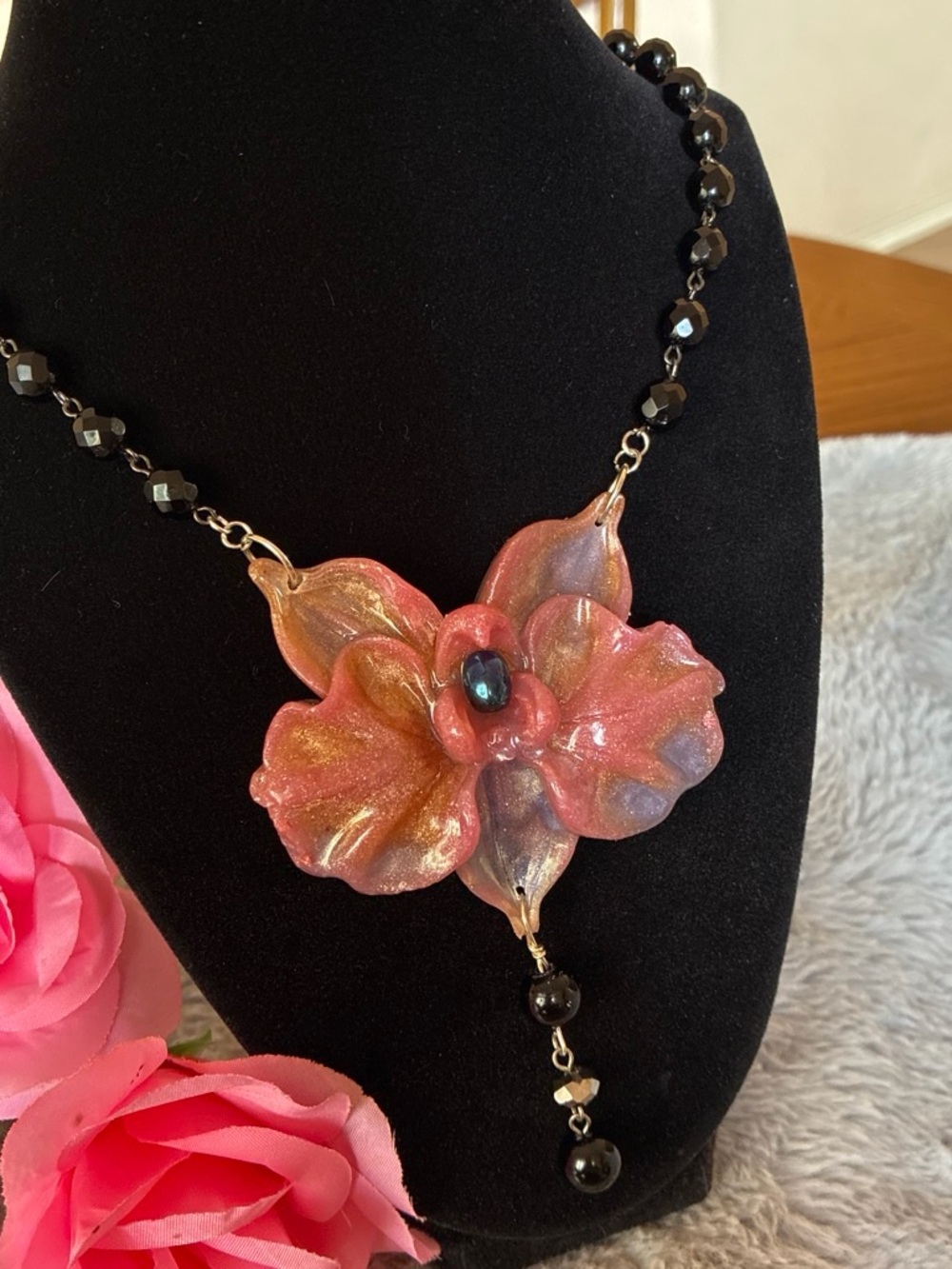 Handcrafted Pink Shimmer Floral Pendant Necklace